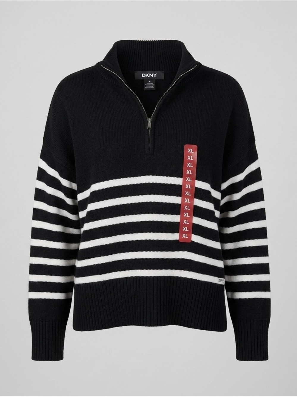 DKNY Quarter Zip Sweater XL Black White Striped Mock Neck Pullover